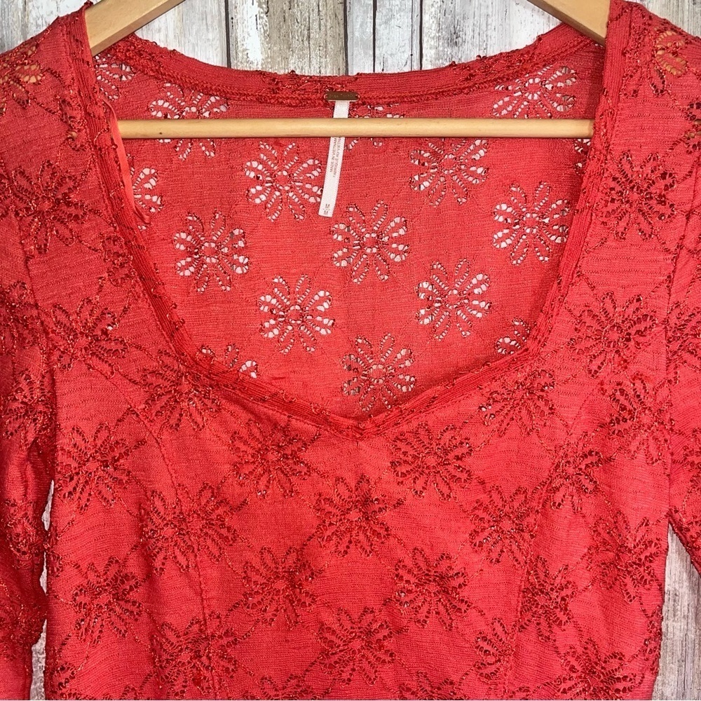 Free People Daisy Pointelle Peplum Top Persimmon Red Lace Square Neck Boho - Picture 5 of 6